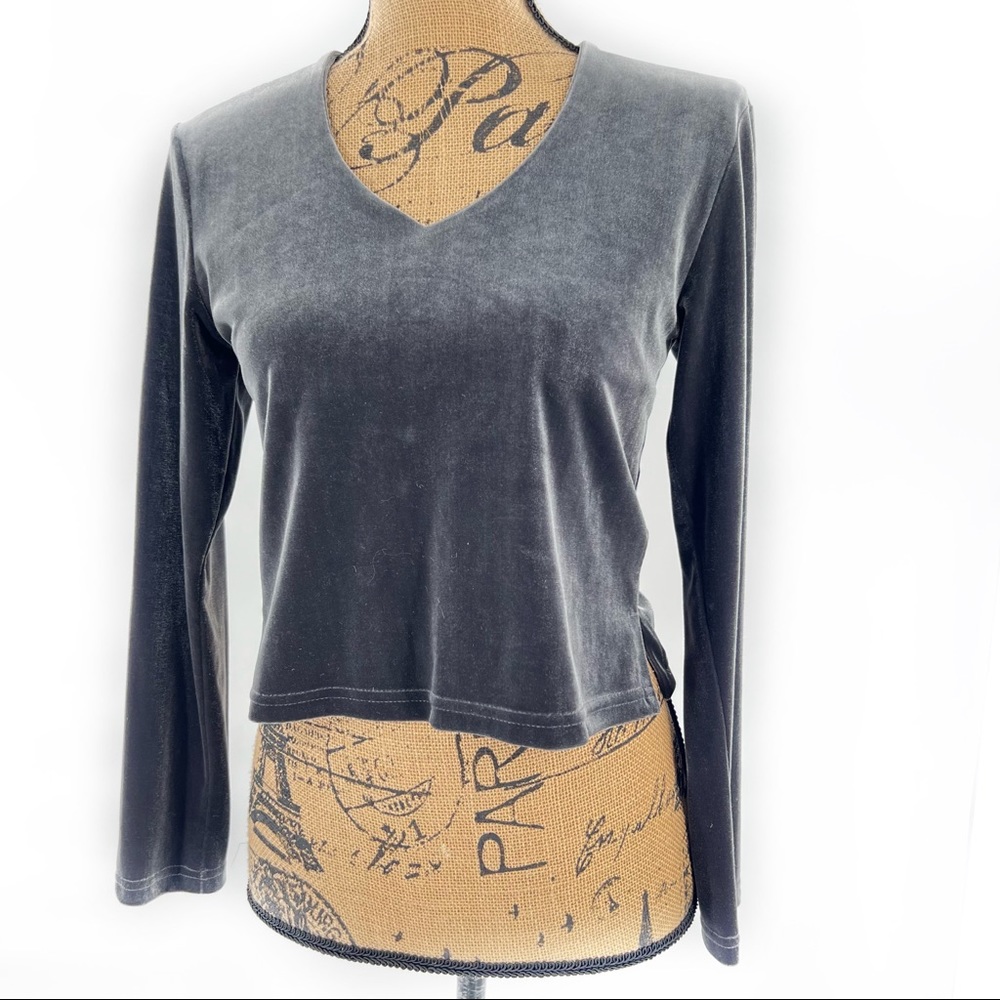 Vintage Luly K New York City Dark Gray Velour Long Sleeve V-Neck Top Size Medium